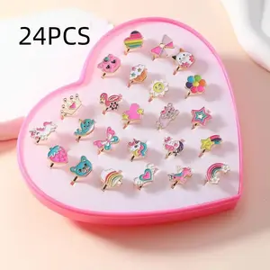 24-Piece High-Quality Stacking Ring Set, Cute Macaron Candy Color Rose Gold Kids Rings, Heart Gift Box, Party Birthday Gifts