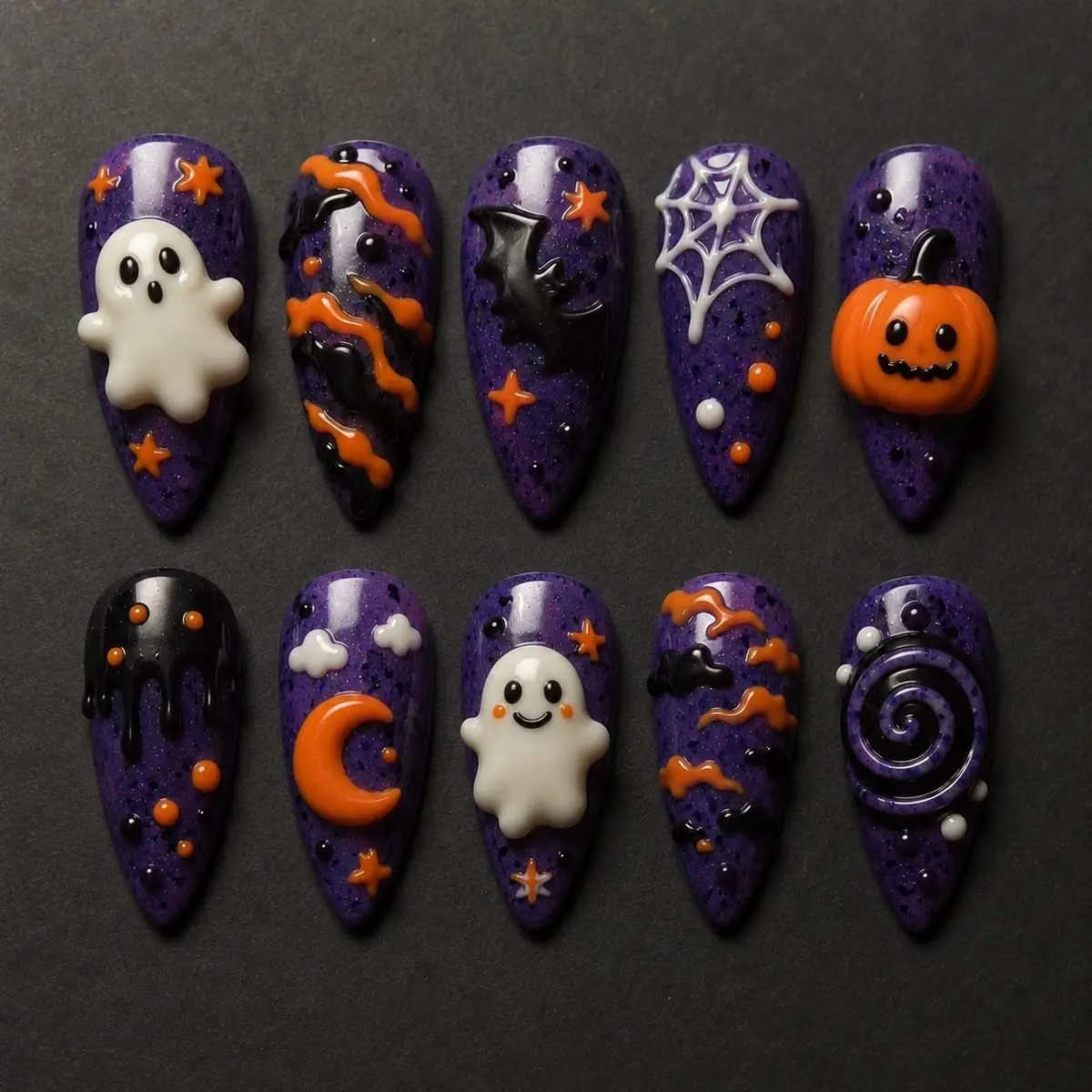 3D Luxury Halloween Press On Nails - Handmade Purple Glitter False Nails with Ghost, Pumpkin, Bat & Spider Web Designs, Reusable Almond Glue On Nails Set