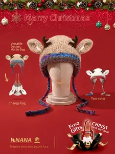 Original design Festive Christmas Antler Hat (It can be used，A hat has multiple uses.)Knitted Ear Protection Windproof Warm Hat Suitable for the family It can be worn by adults , without limiting the circumference of the head，for Thanksgiving & Christmas。