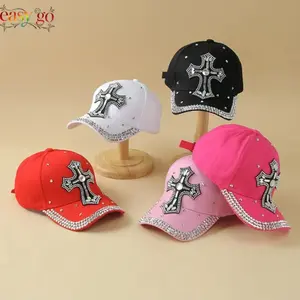 New diamond-embellished cross baseball cap with curved brim for women