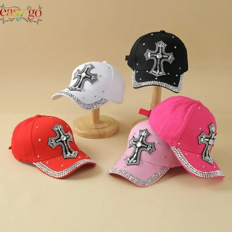 New diamond-embellished cross baseball cap with curved brim for women