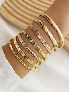 Geometric & Heart Design Cuff Gypsy Bangles As Gift for Girlfriend, Texture Metal Twist Design Bracelet on Wrist, Elegant Matching Jewelry, Classic Fashion Accessories for Daily Wear, Stackable Bracelets for Wife, Cuff Bracelet Set