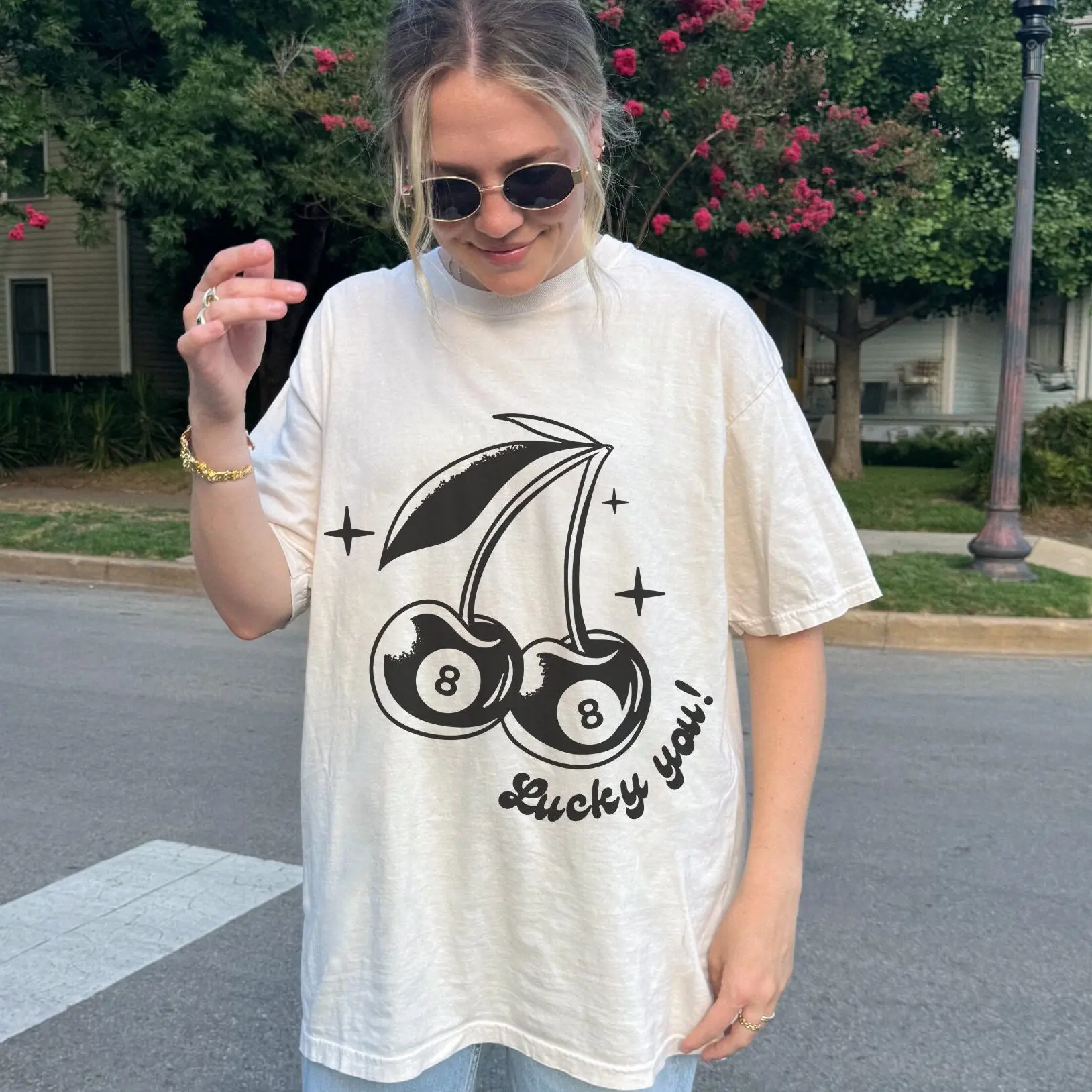 Lucky You Cherries Shirt. Cherry 8 Ball shirt. Cute womens graphic tee Vintage cool girl shirt Trendy Aesthetic womens shirt. ATTA2 3-12 18