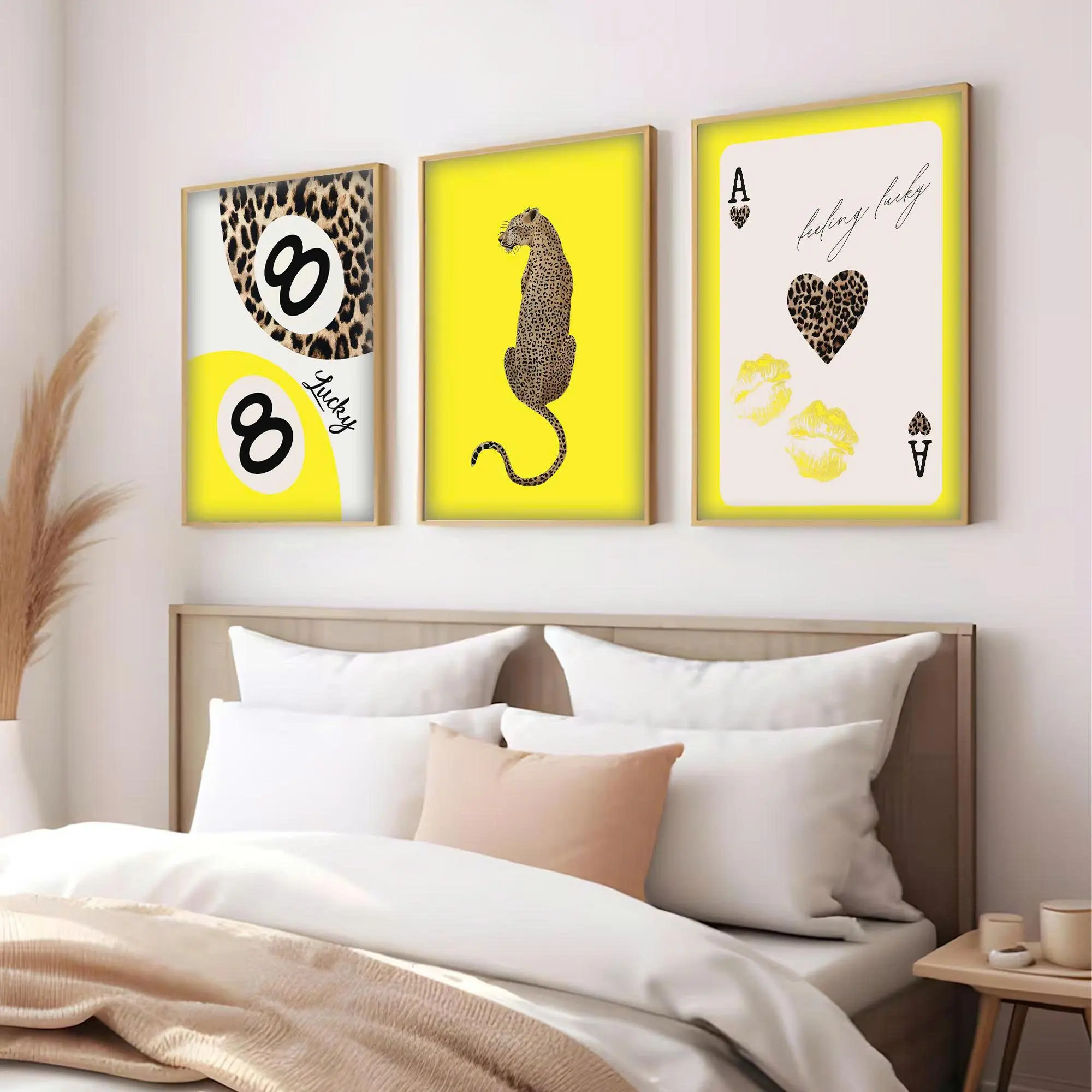 Pink Leopard Print Set of 3 Canvas Posters, Lucky Number & Ace Card Wall Art, Aesthetic Preppy Room Decor, Unframed Canvas Posters Decoration Artistic