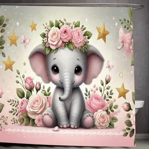 [Quick Arrival] Adorable elephant, floral, rose, and star pattern shower curtain design, perfect for bathroom decor. Made of durable polyester, available in multiple sizes, easy to care for, machine washable, comes with shower curtain hooks.