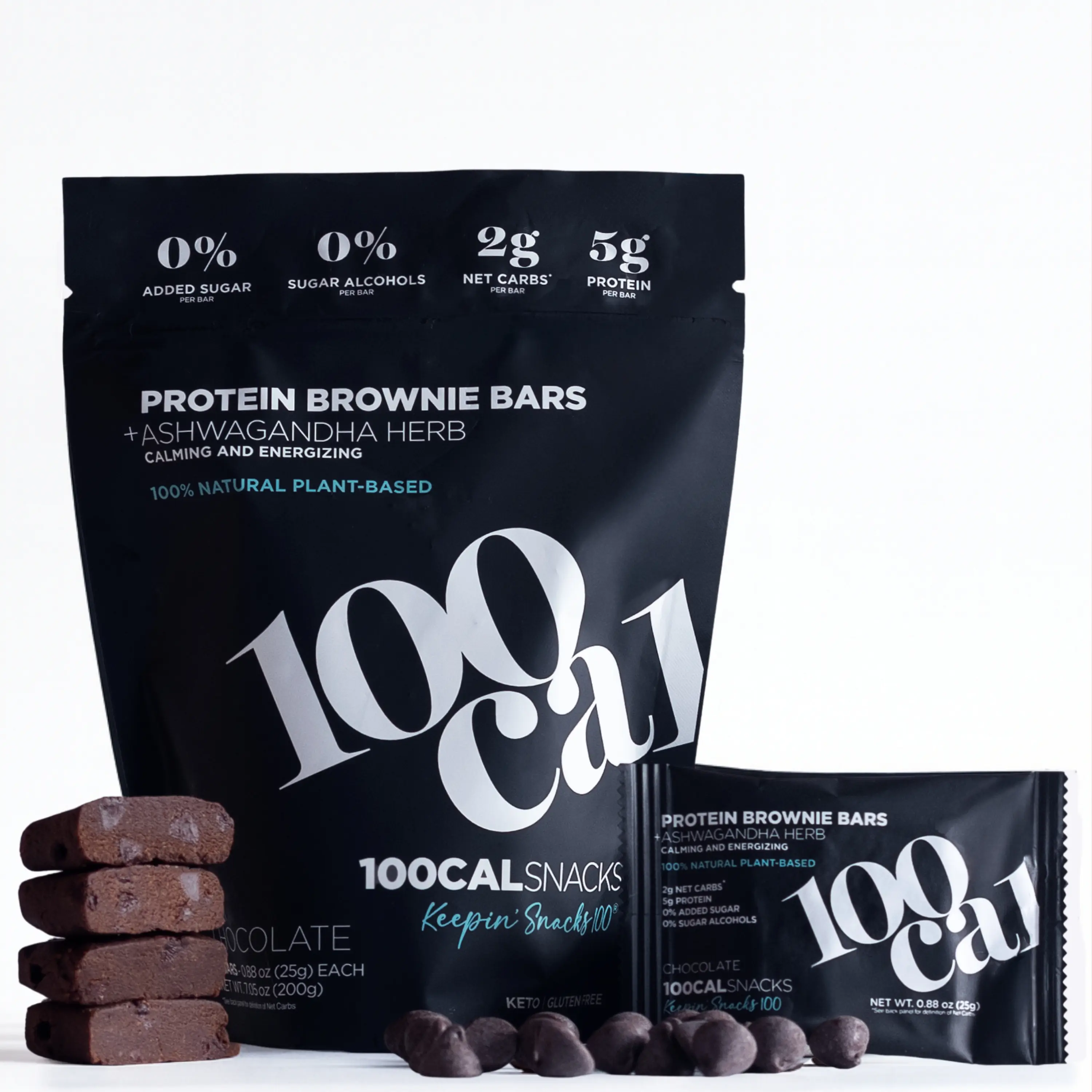 100 Cal Snacks Chocolate Brownie Vegan Protein Bar - Gut-Friendly and Brain Support  Plant Protein Bars - With Organic Ingredients and Ashwagandha, Low Carb, High Fiber, Gluten Free, Vegan & No Added Sugar or Sugar Alcohols Energy Snacks
