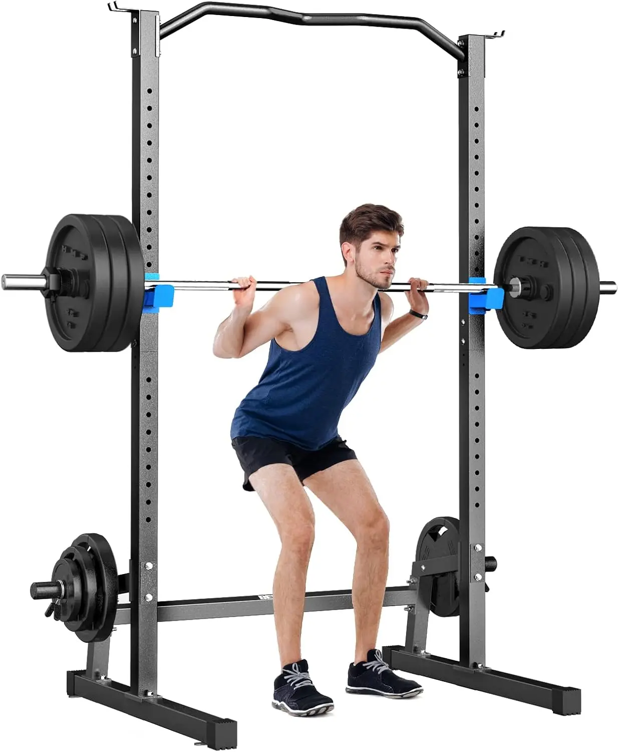 Heavy-Duty Steel Power Cage, Adjustable Workout Equipment with Angled Pull-Up Bar & Weight Plate Storage for Home Gym Whole Body Workout