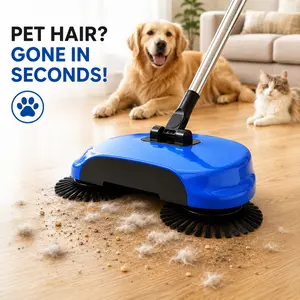 3-in-1 Stainless Steel Pet Hair Broom & No-Bend Dustpan Set - Lightweight Hand-Push Spin Non-Electric Floor Sweeper Mop, Foldable Handle for Easy Storage, Multi-Functional Home Cleaning Tool