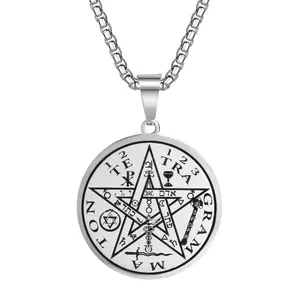 Yaumatea Tetragrammaton Pentacle Necklace for Men, 316L Stainless Steel Pentagram Protection Amulet Wicca Jewelry, 24 Inch Chain Sacred God Name Talisman Spiritual Gift