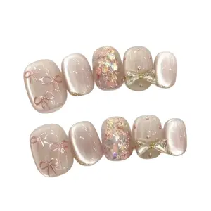 Handmade Press on Nails Set, Manicure Art, Short Square Round Shape, Cat Eye Polish, Hand-Painted Bows, Glitter Inlay, 3D Bow Design