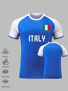 Men's Italy Team Sports T-Shirt, Breathable Quick-Dry Sweat-Wicking Gym Ball Shirt, Short Sleeve Custom Football Jersey, Casual Fitted Long Style