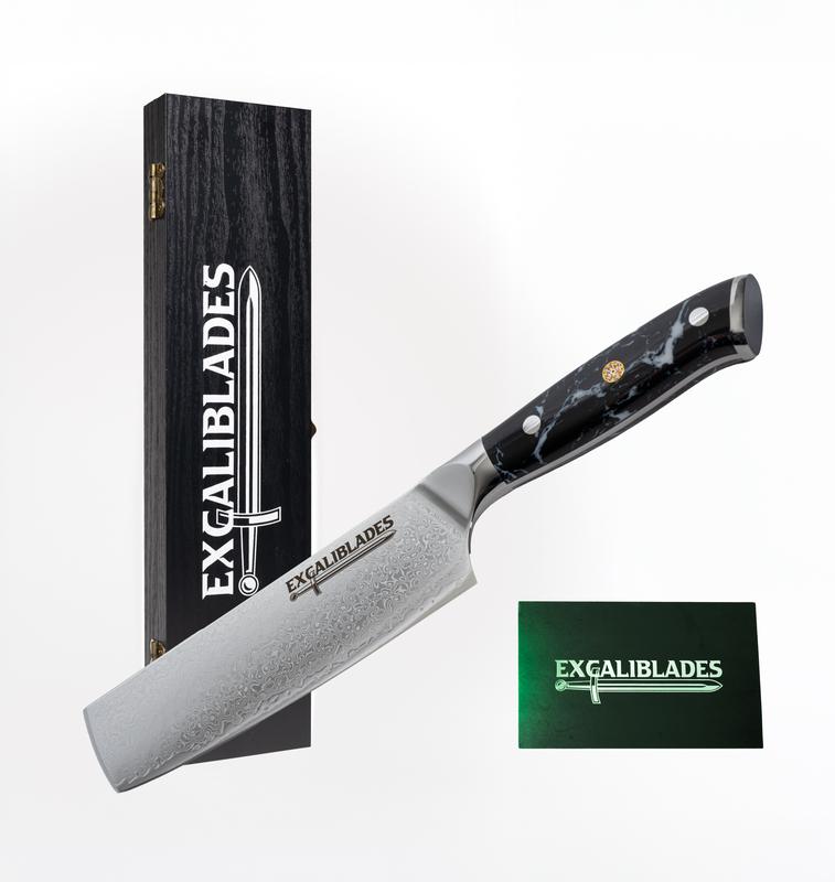 EXCALIBLADES Nakiri Knife - Stainless Steel Damascus Knife with Full Tang Handle & Black Turquoise Handle, Sharp for Meat and Vegetable Use