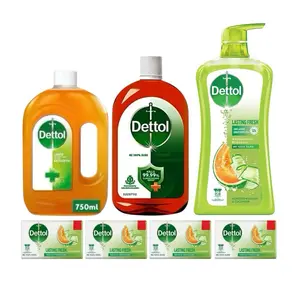 Dettol Antibacterial Bundle - 750mL Light Liquid, 1 Liter Dark Liquid, 900g Lasting Fresh Body Wash & 4 Lasting Fresh Soap Bars 100gs