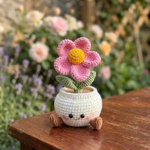 Handmade Crochet Smiling Flower Pot: Desk Decor Gift