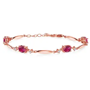 18K Rose Gold Plated Silver Gemstone Birthstone and White Moissanite Tennis Bracelet For Women | Oval 7X5MM and 2MM | 6 Inch + 1 Inch Extender | Fine Jewelry for Her Mom Wife