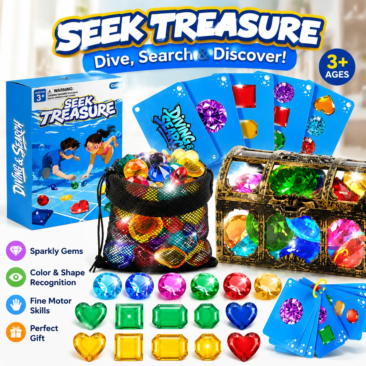 DOIOWN Unisex Kids Pool Sports Playset - Underwater Treasure Hunt Game with 60 Sinking Gems, Pirate Chest, 35 Cards, Realistic Diamonds, Neon Design for Breath Control Practice, Ages 3-10 Swim Gift, Birthday, Fun