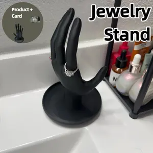 2PCS Black Hand Shape Jewelry Stand with Tray, Multi-Functional Organizer, Durable Storage Organizer, Ring Holder & Necklace Organizer for Rings, Necklaces, Earrings, Bracelets, Watches, Decorative Display Stand for Vanity [Stand + Gift Cards]