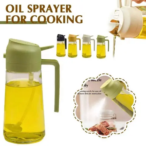 MIUVA Premium Glass 2-in-1 Kitchen Oil Dispenser - 16oz/470ml Thick Glass+Polypropylene, Transparent Wide Mouth ABS Container with Front Nozzle, Refillable Round Reusable Utensil for Air Fryer Gifting
