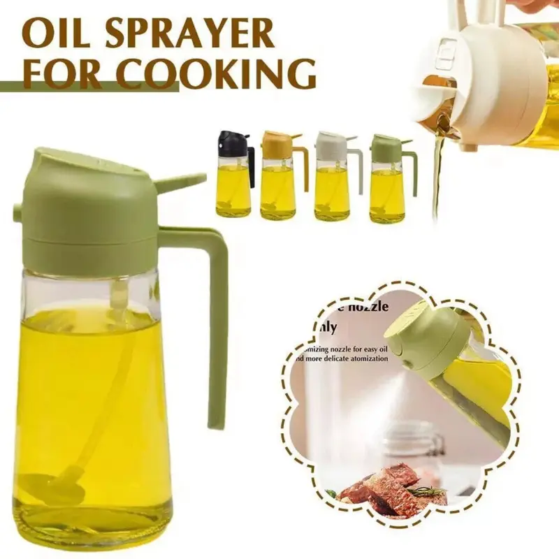 MIUVA Premium Glass 2-in-1 Kitchen Oil Dispenser - 16oz/470ml Thick Glass+Polypropylene, Transparent Wide Mouth ABS Container with Front Nozzle, Refillable Round Reusable Utensil for Air Fryer Gifting