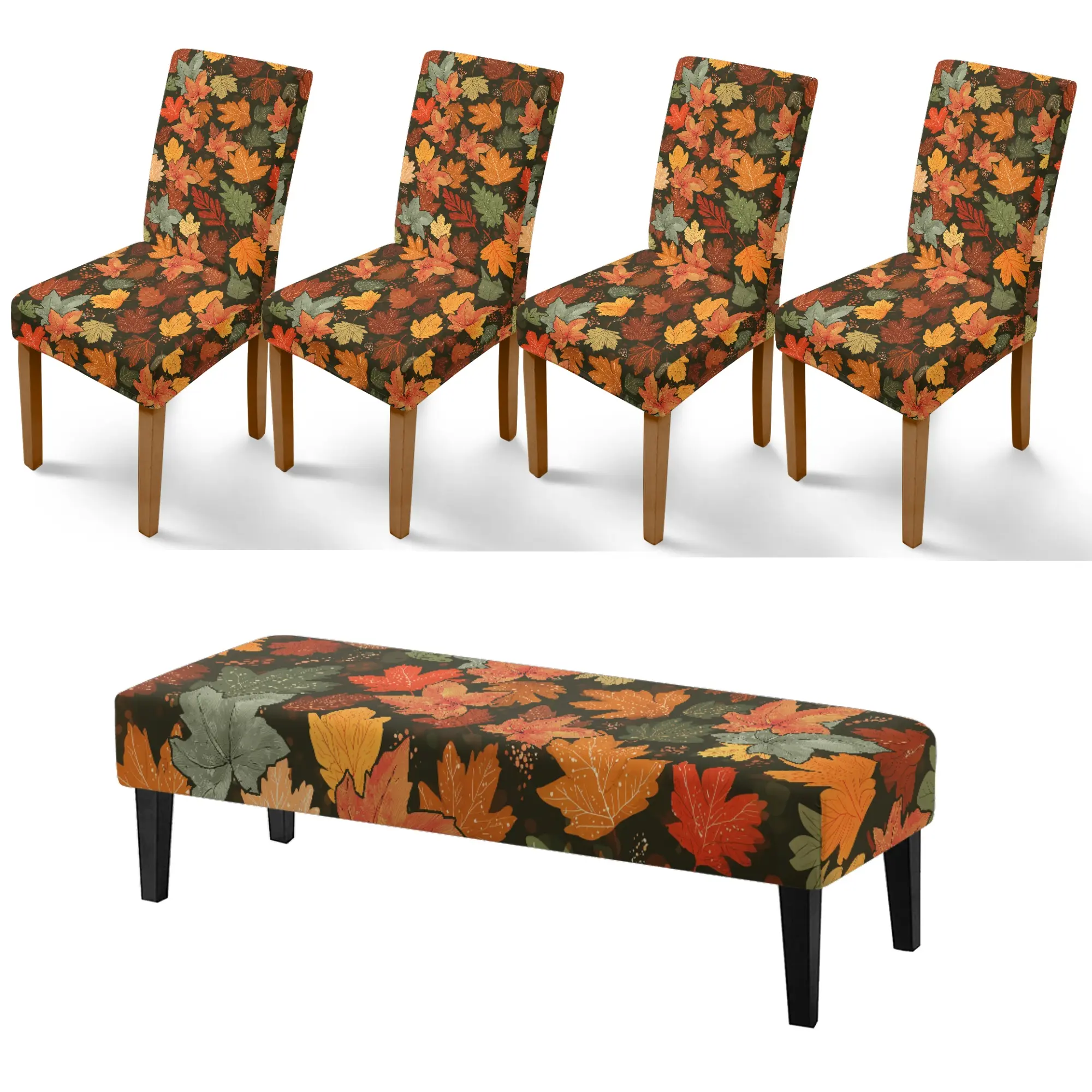 5 Pcs Stretch Dining Chair Covers and Bench Cover Fall Maple Leaf Print Chair Slipcover Seat Protector Washable for Homeowners Renters Hosts - for Dining Room Kitchen Bedroom Thanksgiving Day Gatherings Modern Seasonal Decor outdoor winter decoration