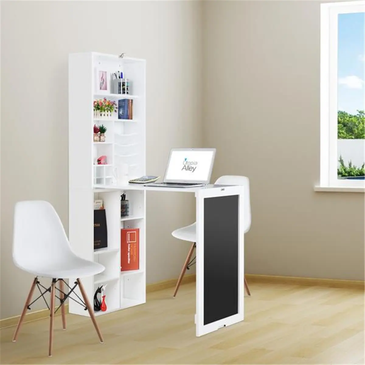 Utopia Alley Laminate MDF Compact Cabinet Desk - Collapsible Fold-Down Wall Cabinet with Chalkboard, Multi-Shelf Cubbies, Bottom Shelf, 19.7" L x 37" D x 60" H, Flexible Desk for Scrapbooking, Crafting, Sewing