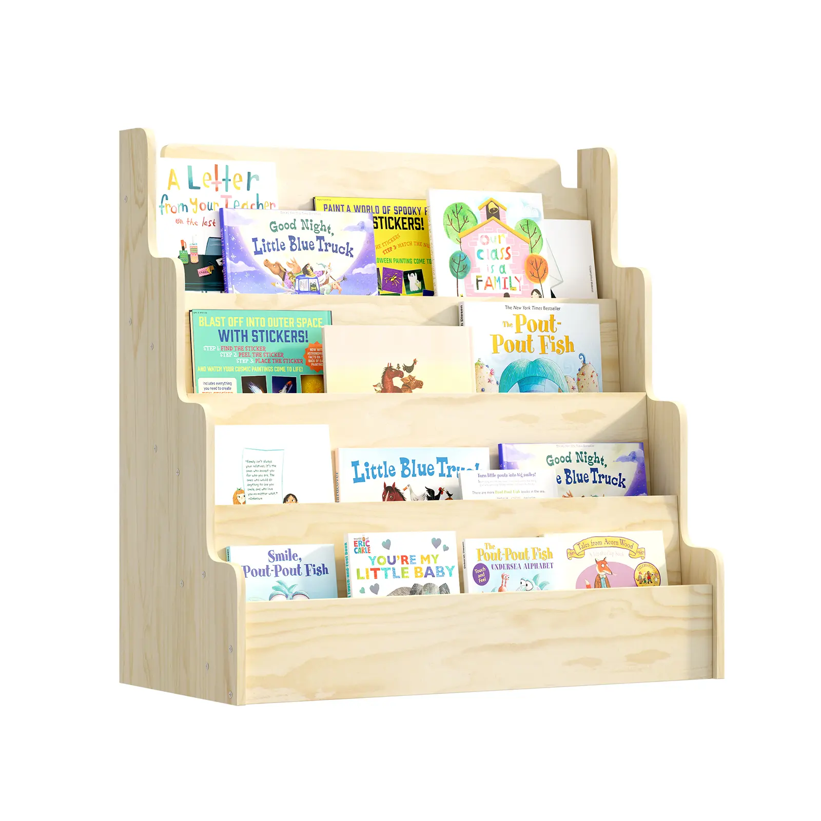 Naches Natural Birch Wood 4-Tier Scalloped Edge Open Montessori Floor Library Bookshelf - Triangular Support, Stable, Anti-Tipping, Easy Setup, Durable, 31.5x15x31.5", 25+kg Capacity, Kids Room Storage, Assembly Required, Birthday Gift