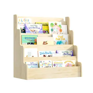 Kids Bookshelf Wooden 4 Tier Scalloped Bookshelf Toddler Montessori Bookcase Children Front Facing Display Book Shelves for Nursery Kids Room Reading Room Bedroom Classroom