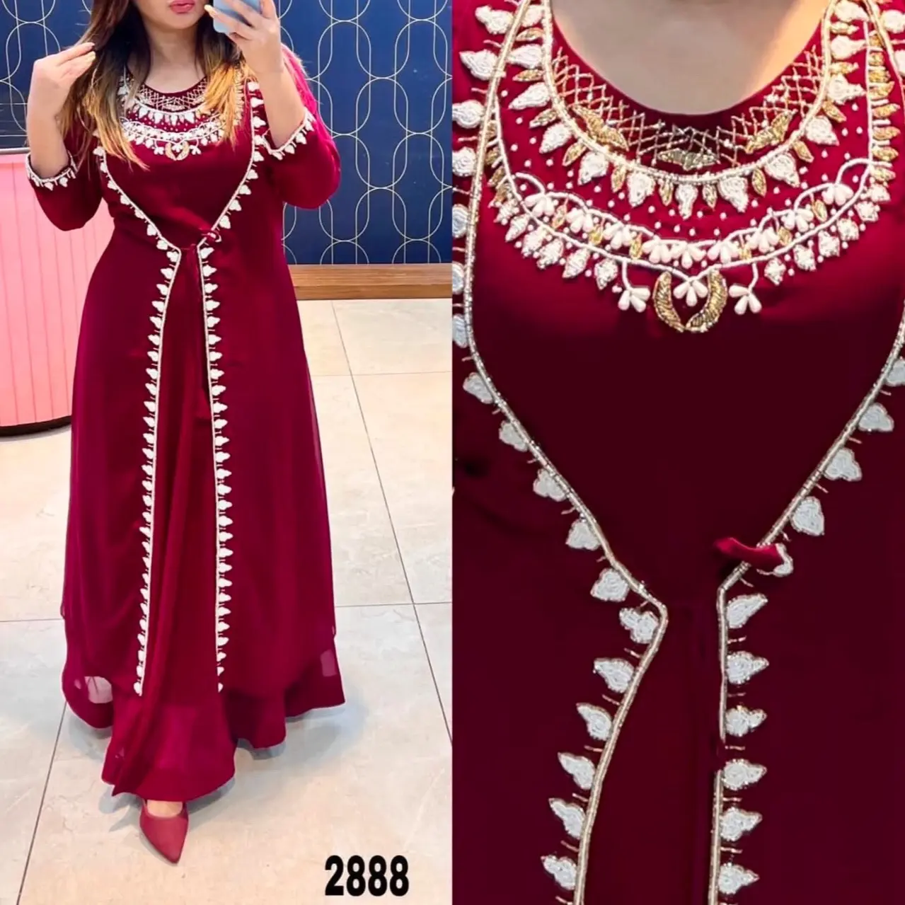 Georgette Gown with Handwork, maroon color size 38/40  Elegant Long Maxi Dress - 57" Length - Georgette Fabric