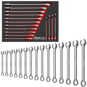 Olsa Tools Premium 15-Piece Combination Wrench Set - Metric & SAE Sizes - Chrome Vanadium Steel - ASME B107.100-2010 Certified