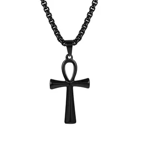 OIDEA Ankh Ancient Egyptian Cross Stainless Steel Pendant Necklace, Hand-Polished Wheat Chain Jewelry Necklaces, Unisex Symbol Gift for Men and Women