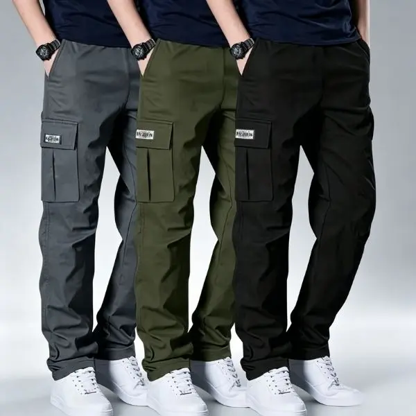 Men's 3-Pack Cargo Pants - Menswear Fashion, Elastic Waist, Straight Leg, Multiple Pockets, Loose Outdoor Casual Trousers