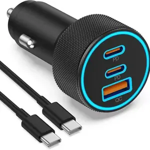 USB-C Car Charger, 3 Ports, 67W, Dual USB-C and USB-A Car Power Adapter