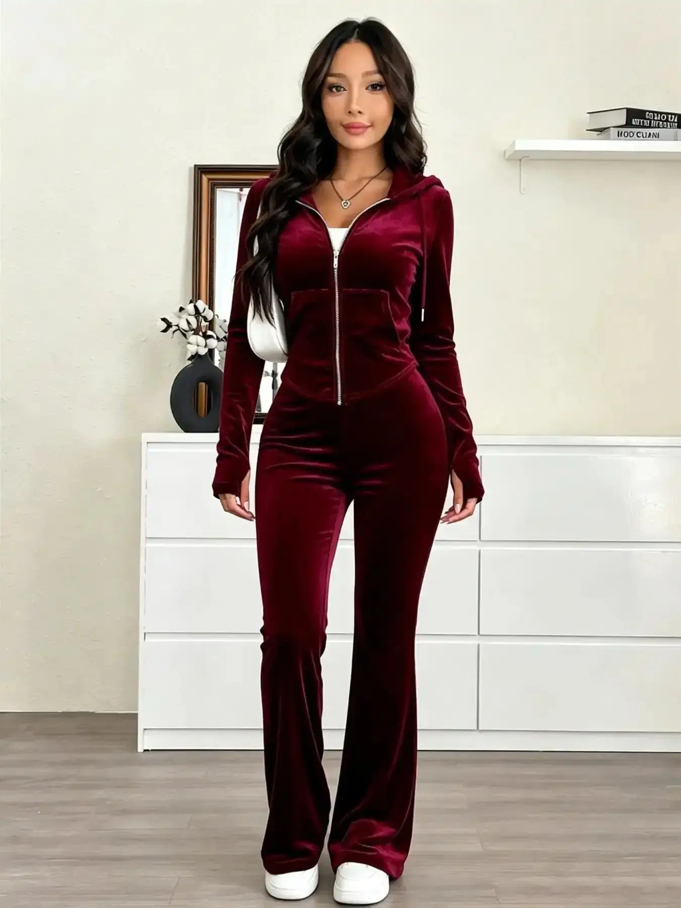 Two-piece dark velvet hoodie and zip-up slim flare suit featuring a retro 'spicy girl' vibe The soft skin-friendly fabric combined with tailored figure-flattering cut offers both comfort style Perfect for everyday out