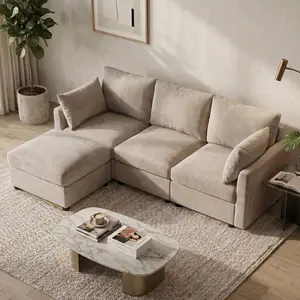 Tbfit Modular Cloud Sectional Sofa – L-Shaped Chenille Couch with Ottoman, Spring Cushions & Convertible Layout, Khaki