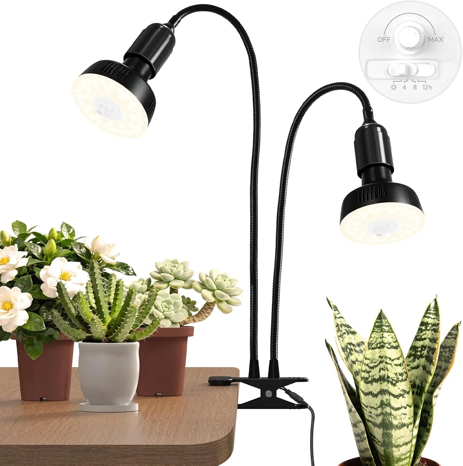 Barrina OG11A2 22W Clip-On Grow Light for Indoor Plants, 4000K Full Spectrum Plant Light, 2 Adjustable Goosenecks, Stepless Dimming & Timer, Black