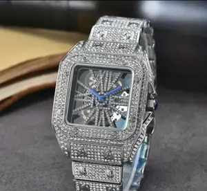 Silver Hollow Dial Diamond Studded Square Bezel 41mm Mechanical Watch with Silver Diamond Bracelet Luminous Feature