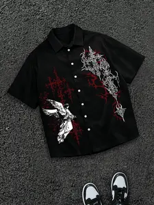 Unisex Oversize Dark Aesthetic Angel Print Short Sleeve Shirt, Y2K Cyber Tribal Design Top for Skateboarding and Everyday Wear