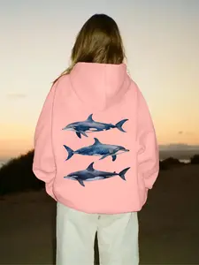 New Casual Shark Print Hoodie, Fall & Winter Large Size Trendy Drawstring Hooded Sweatshirt, Fitted Moderate Fabric, Men's Fashion
