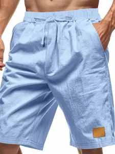 Men's Linen Waistband Shorts, Casual Elastic Waist Summer Loose Fit Gym Shorts, Comfortable Plain Pattern Clothing for Men