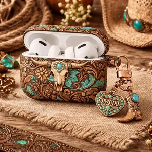 Western Longhorn Bull Skull AirPods Case – Cowgirl Floral Turquoise Print, Rustic Hard Protective Cover for AirPods, Country Western Aesthetic Gift for Cowgirls