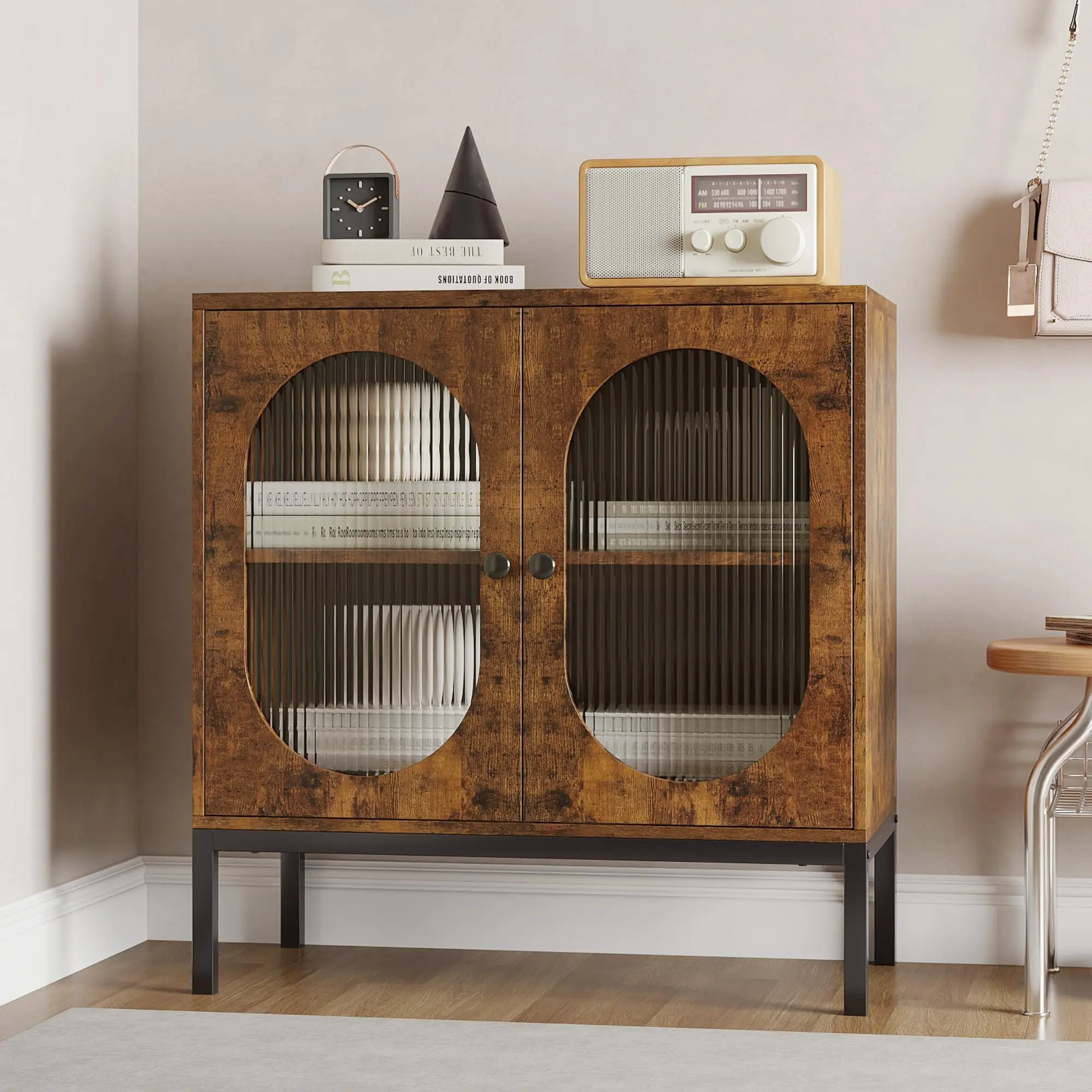 Garvee Rattan Sideboard Storage Cabinet, Wooden Buffet Freestanding with Rattan Decorated Doors, Adjustable Shelf, Small Cupboard Accent Console for Living Room, Dining Room & Hallway,80x35 x79cm-retro color