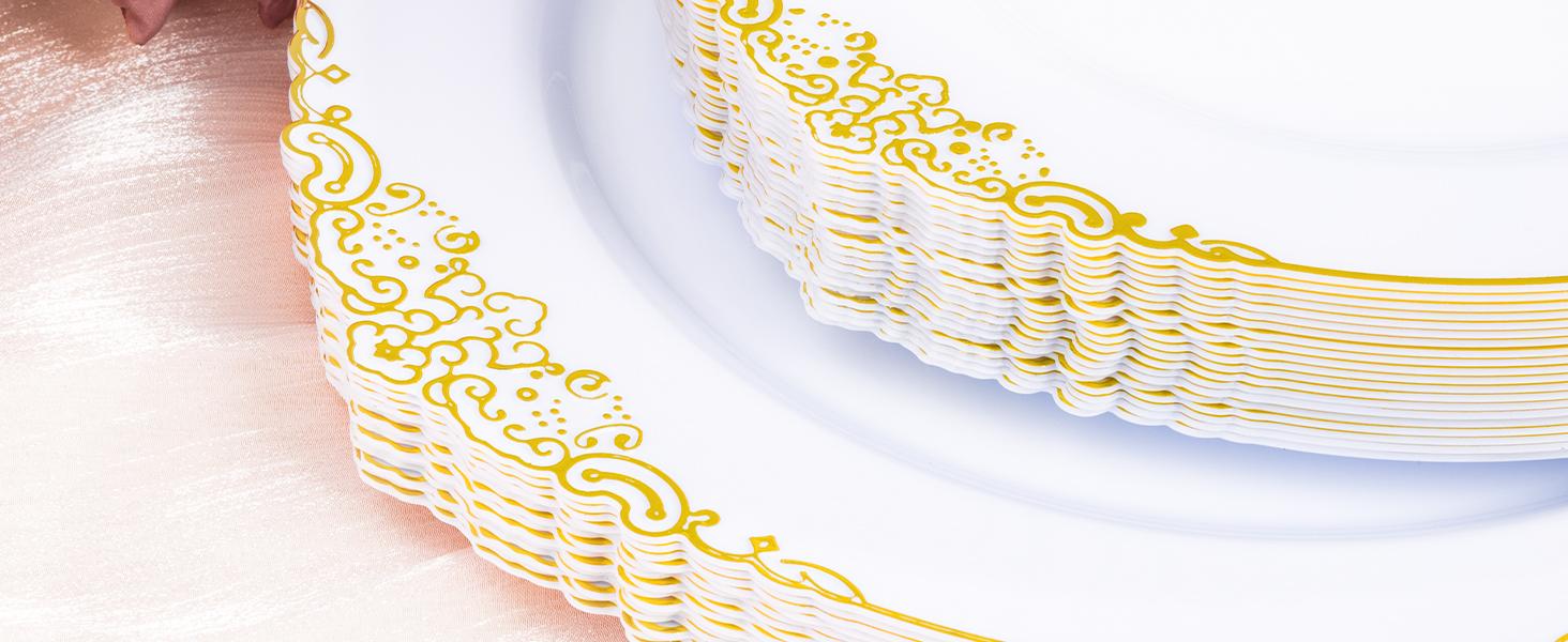 100PCS White and Gold Plastic Plates – 10.25” Heavy Duty Disposable Dinner Plates & Party Plates for Weddings, Parties, Events – Elegant, Sturdy