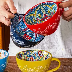 Hand-Painted Floral Pattern Large Capacity Ceramic Coffee Mug Jumbo Mug Tea Milk Cereal Mug Breakfast Cup for Home Kitchen