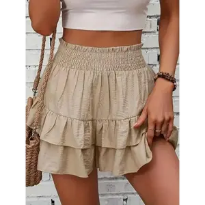 2025 Boho Casual Tiered Layer  Women's Frill Trim Ruffle Hem Shirred High Waist Shorts Womenswear Baggy Fabric Spring Elegance Bottom Fit Top Vibe Woven Piece Knot