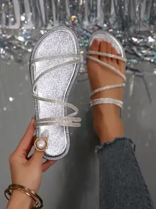 Elegant Rhinestone Flat Sandals with Multiple Thin Straps, Slimming Design, Perfect for Beach Travel and Commuting, Fashionable and Versatile