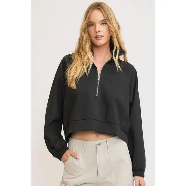Umgee Full Size Half Zip Cropped Sweatshirt Plus Size