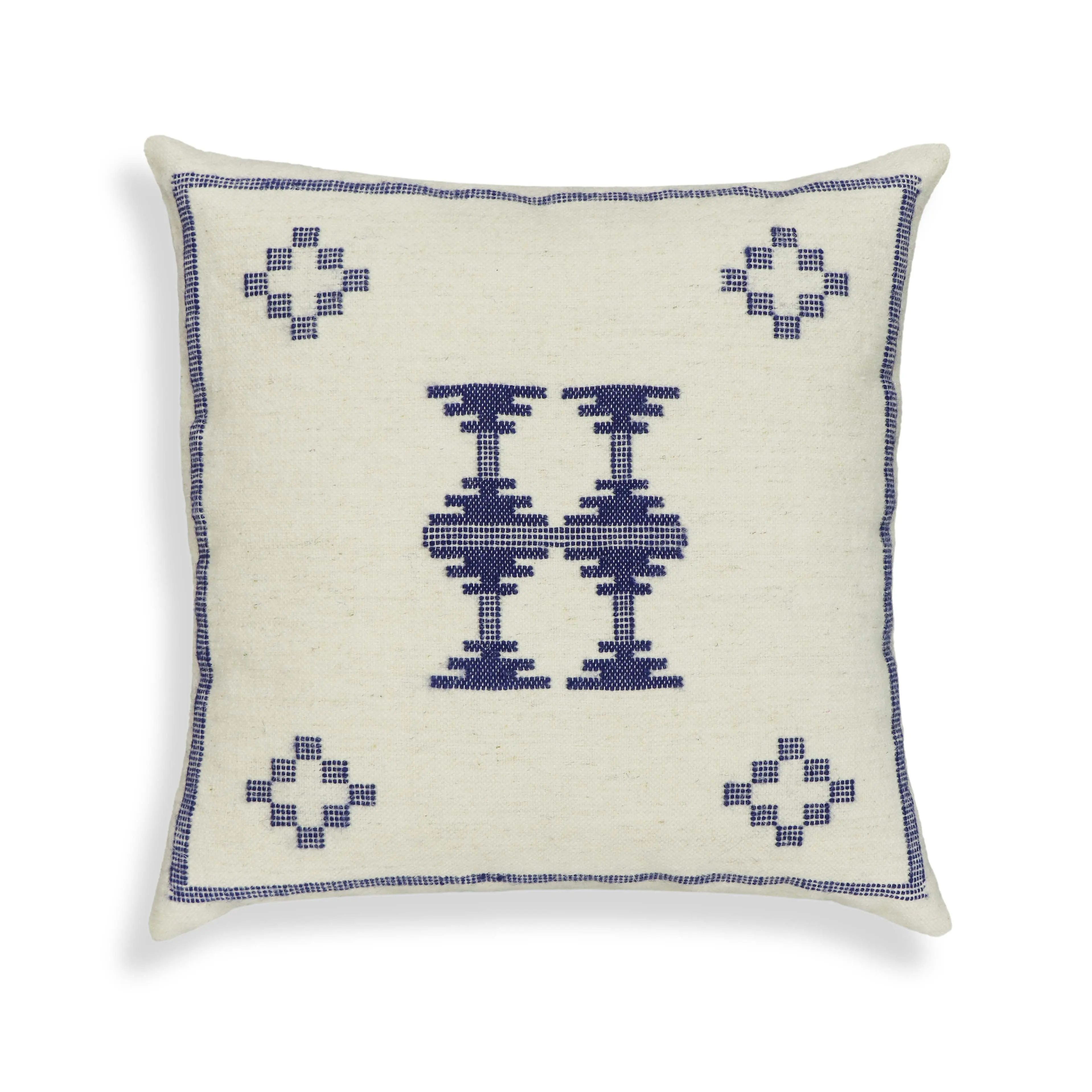 Aztec 20" Cream & Indigo Wool Square Throw Pillow Cover