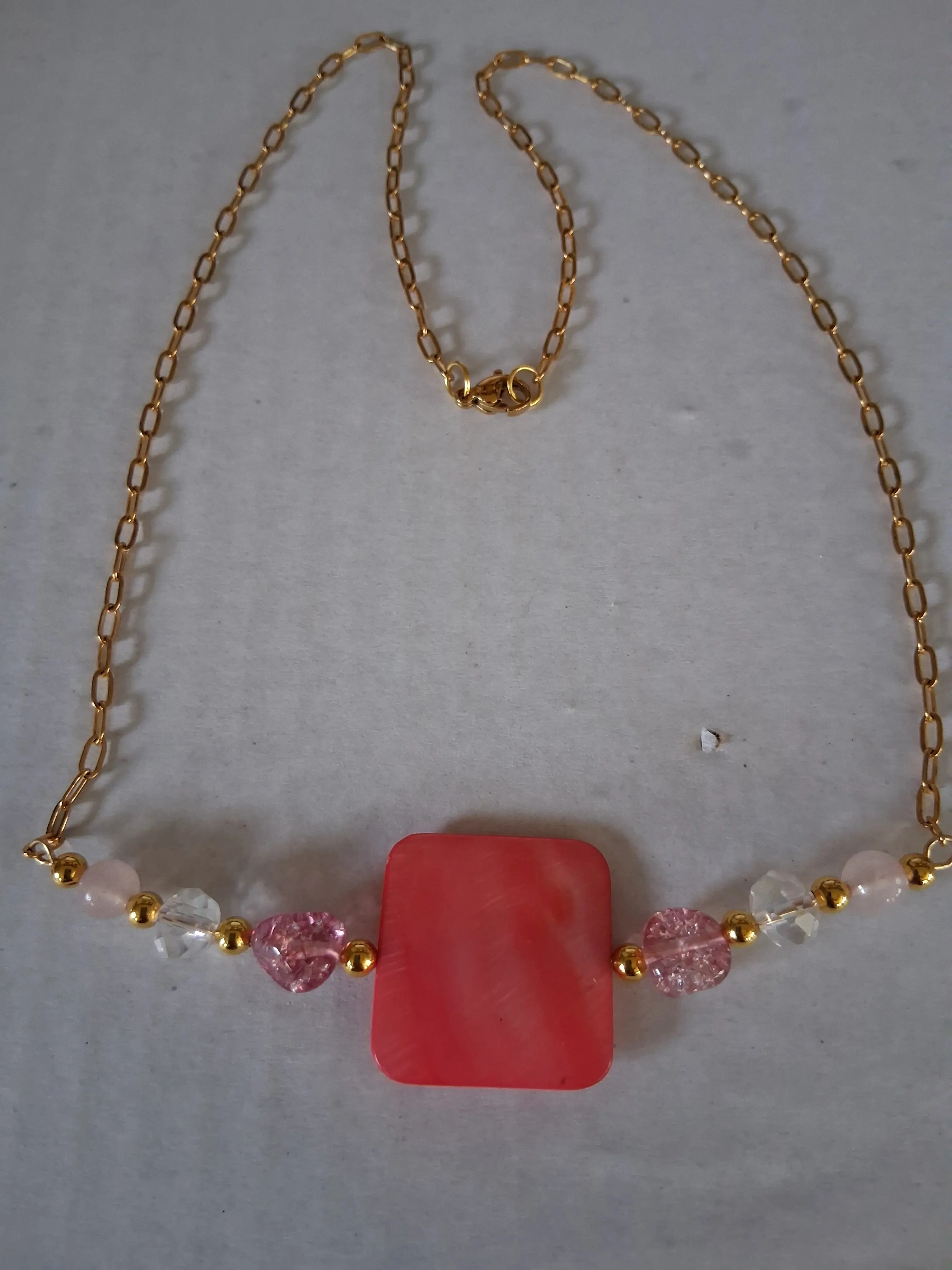 Connie Handcrafted Natural Crystal Necklace for Adults - 20in Paperclip Chain, 25x25mm Square Shape Pink Mother of Pearl & Quartzite Pendants, 6mm Rondel Crystal Beads, Unique Daily Wear Jewelry Accessory, Natural Beauty, 20 In, 6 Mm