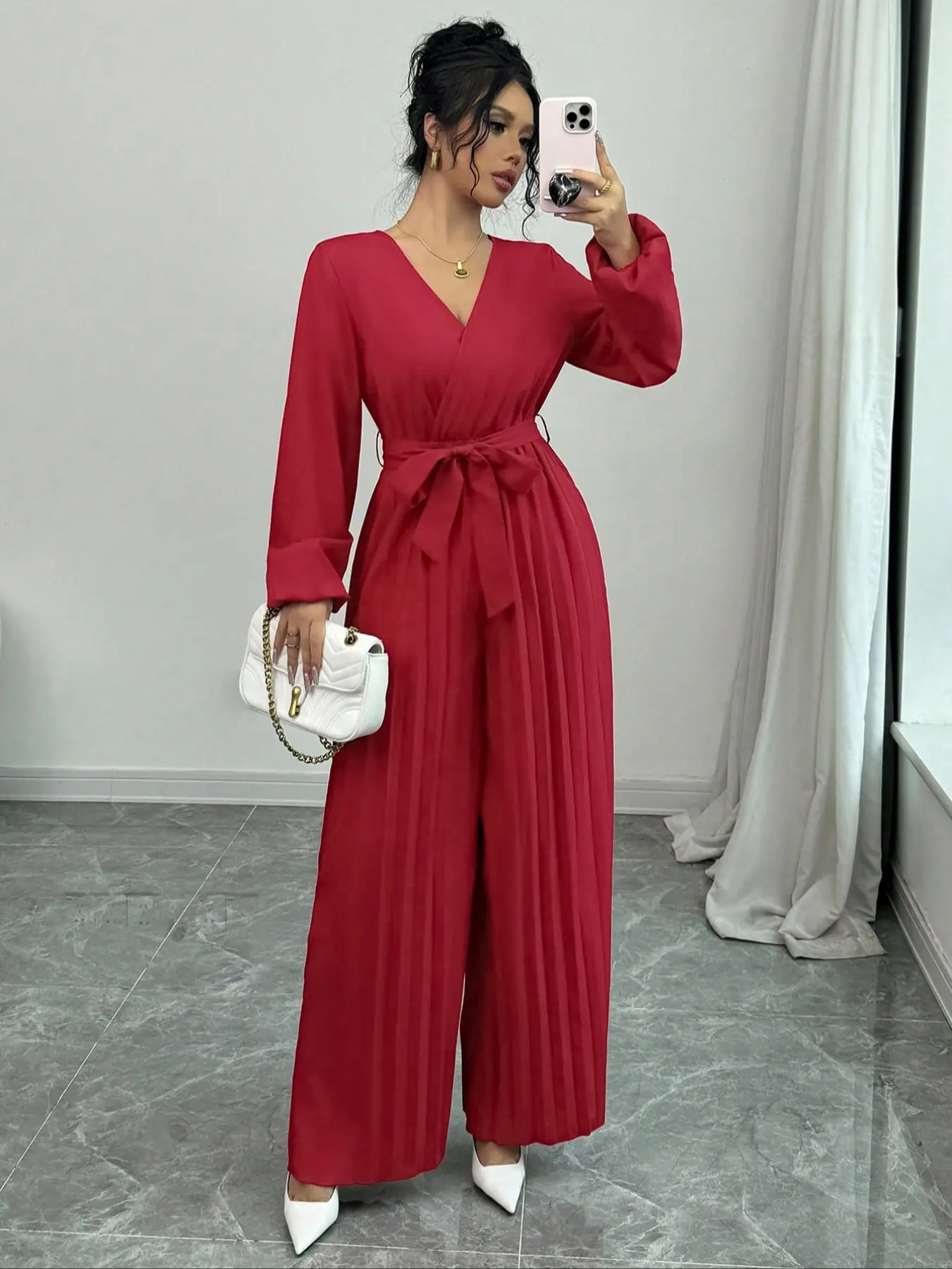 Women's Autumn Winter Romper Jumpsuit, Elegant Chic Casual Party, Pleated Long Pants with Belt, V Neck Long Sleeve Wide Leg One-Piece Fashion