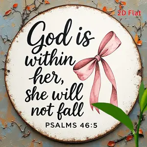 8x8" 2D Flat Metal Wall Sign – Pink Bow Christian Decor with Bible Verse "God Is Within Her, She Will Not Fall", Inspirational Religious Wall Decor for Home, Bathroom, Room Aesthetic